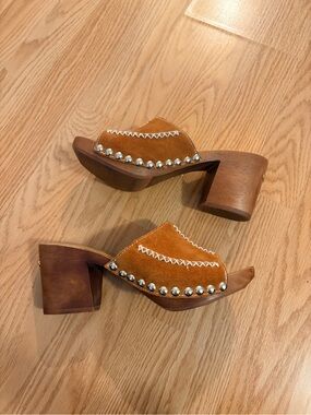 Michael Kors Tan Suede and Leather Studded Block Heel Mules Boho Style